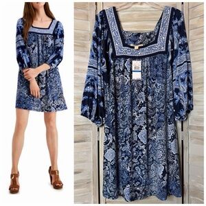 MICHAEL Michael Kors NWT blue paisley shift dress square neck XL 3/4 sleeves